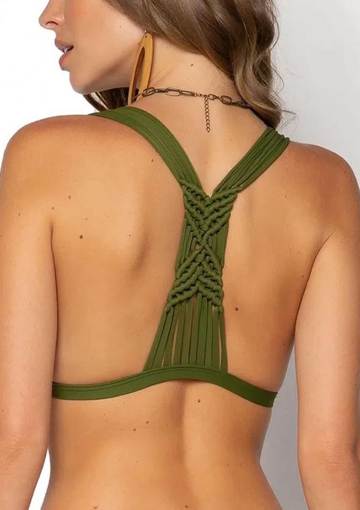 Biquini- Top Cortininha Bojo Removível + Tanga Macramê Verde