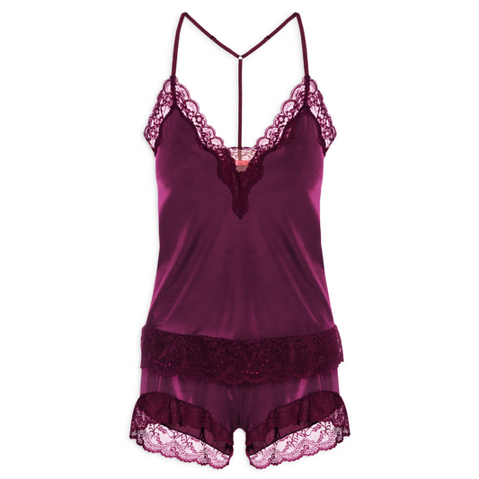 PIJAMA EM RENDA E TULE -ROXO MISTICO