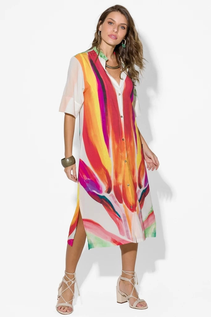 Chemise Midi Estampada Manga Curta